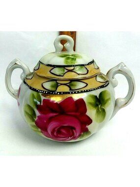 Vintage Japan Moriage Sugar Bowl lid Porcelain Double Handle Floral READ Flaw